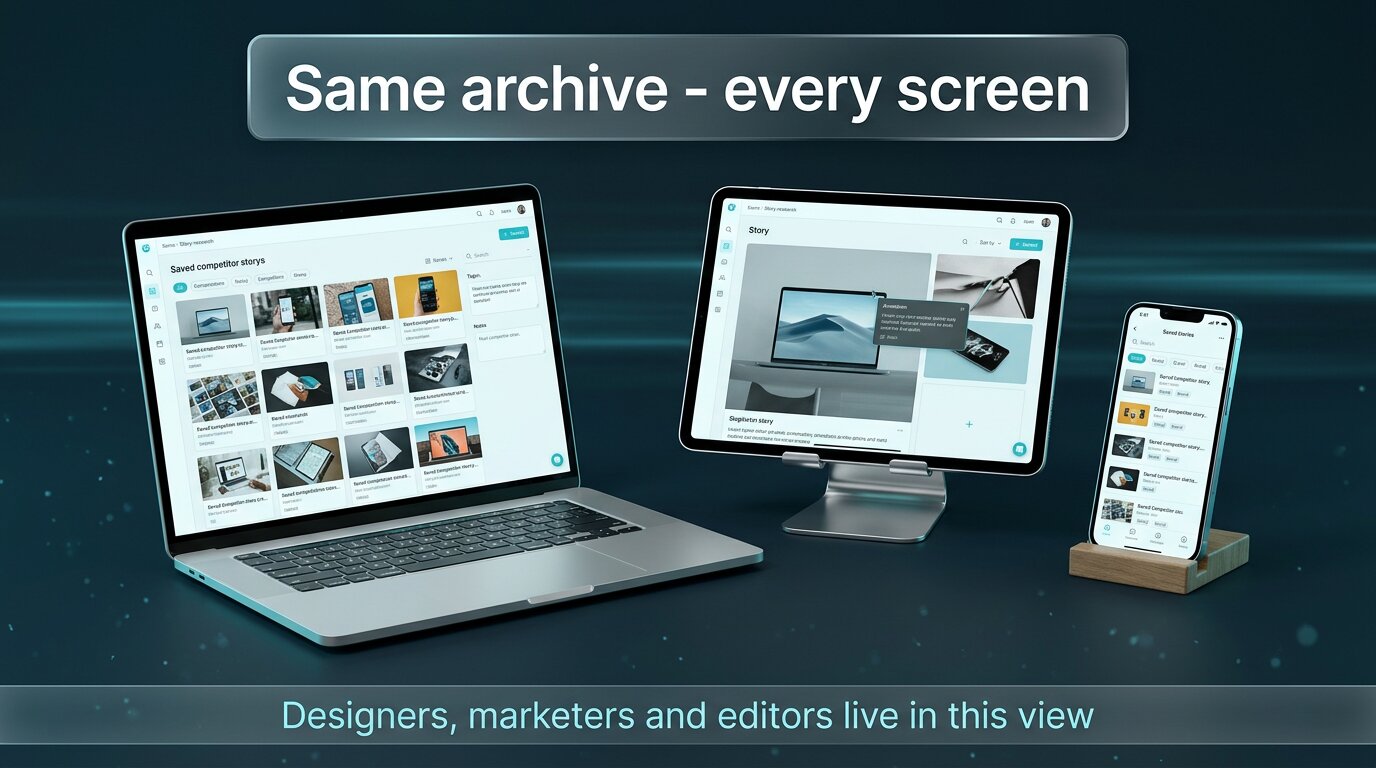 Creator research workflow across laptop, tablet and phone