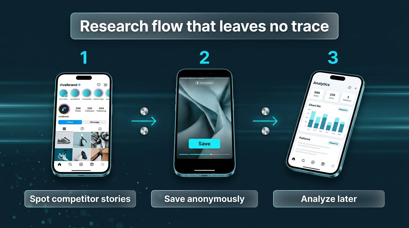 Three-step competitive research flow using anonymous story viewing
