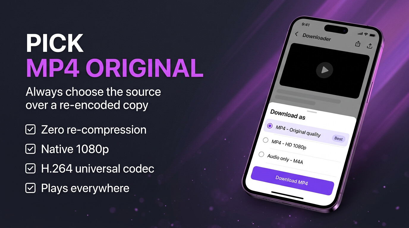 A download format menu offering MP4 original quality, HD 1080p and audio-only options