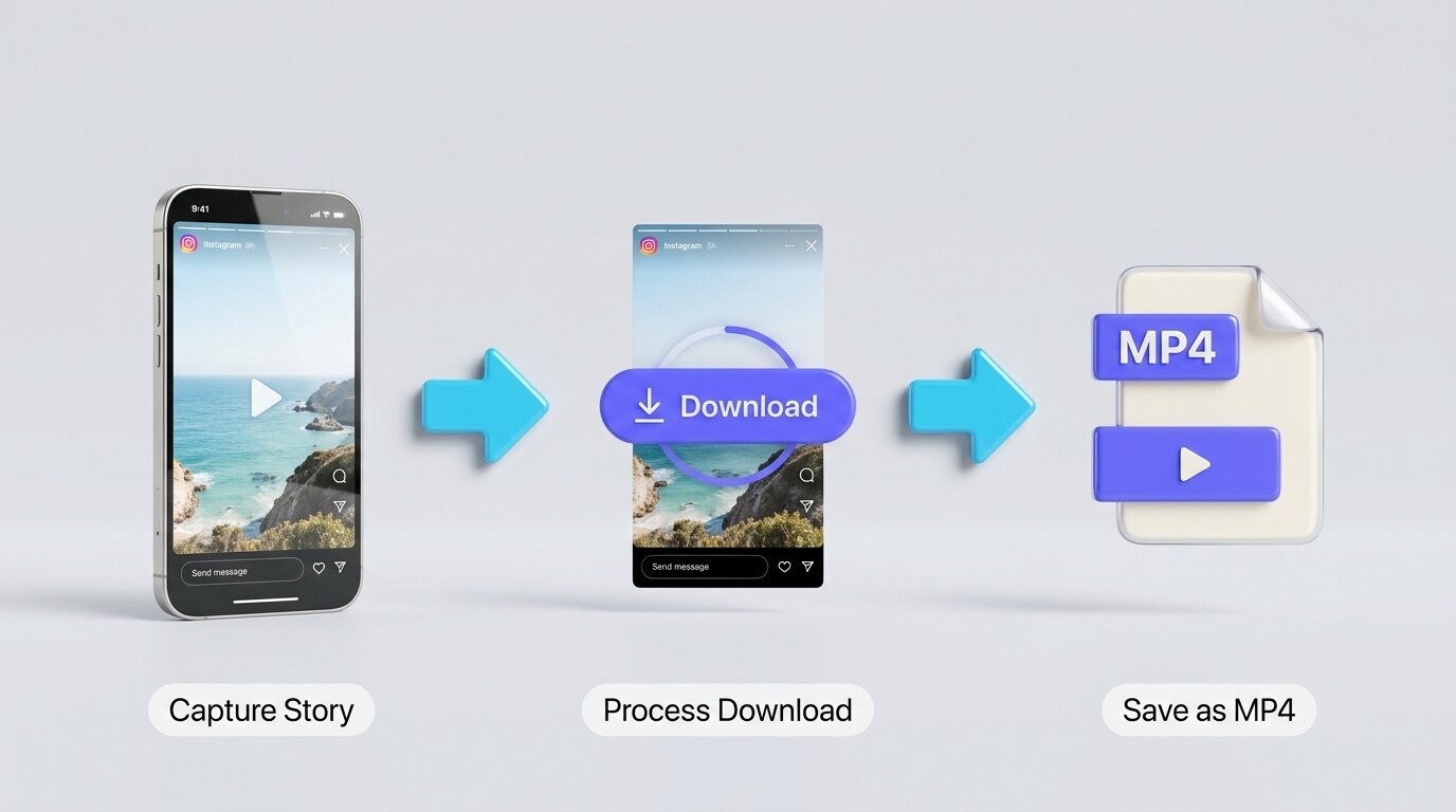 A three-stage flow showing a video story, a download button, and a saved MP4 file