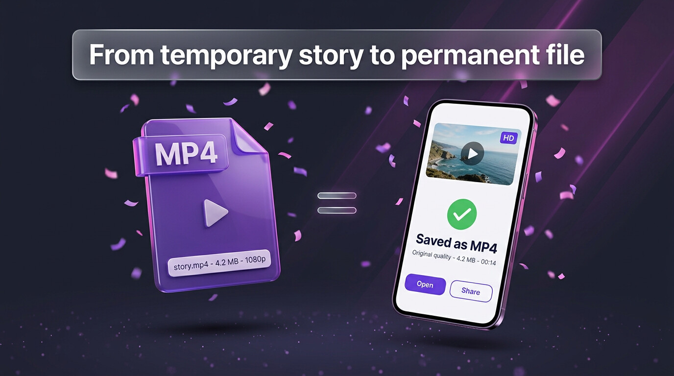A download-complete screen showing a saved MP4 file with filename, 1080p and file size