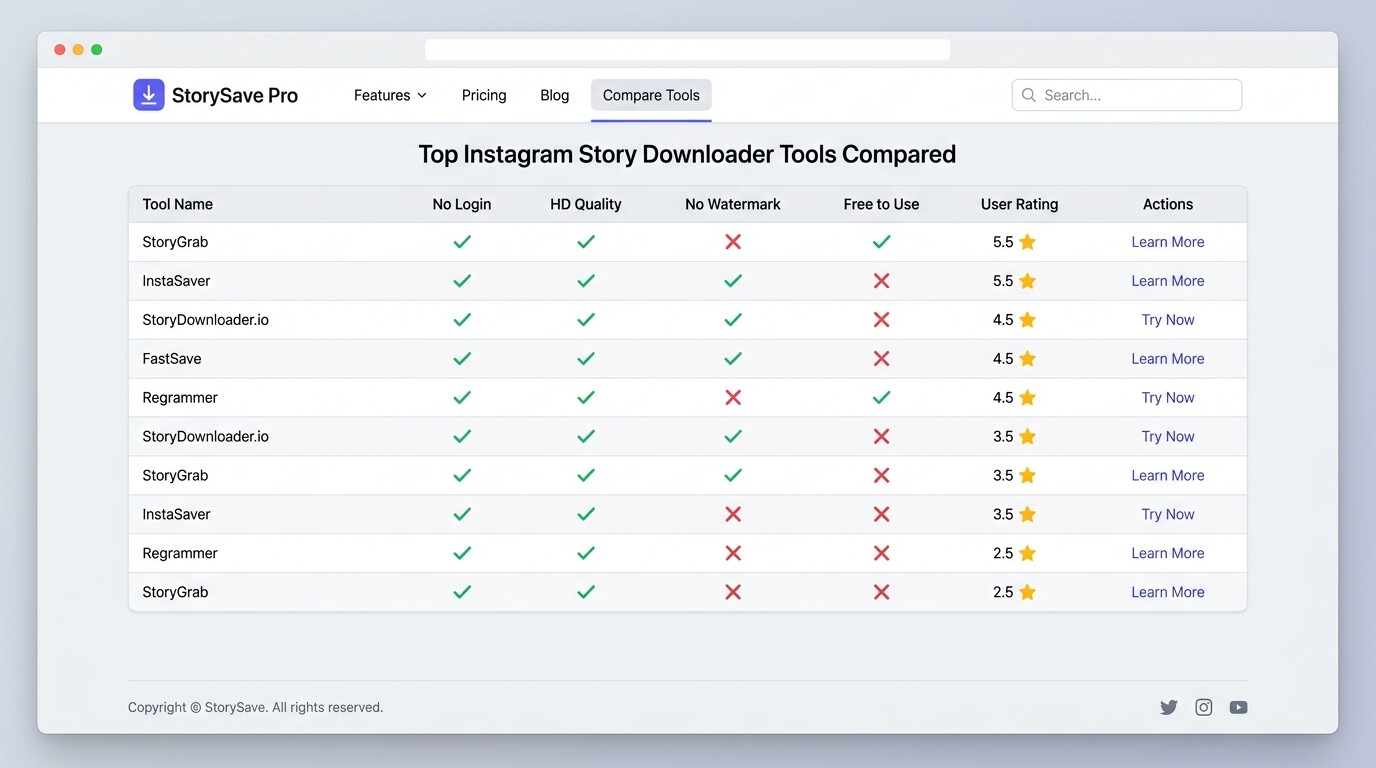 A comparison table of Instagram story downloader tools with ticks and crosses for no-login, HD and watermark