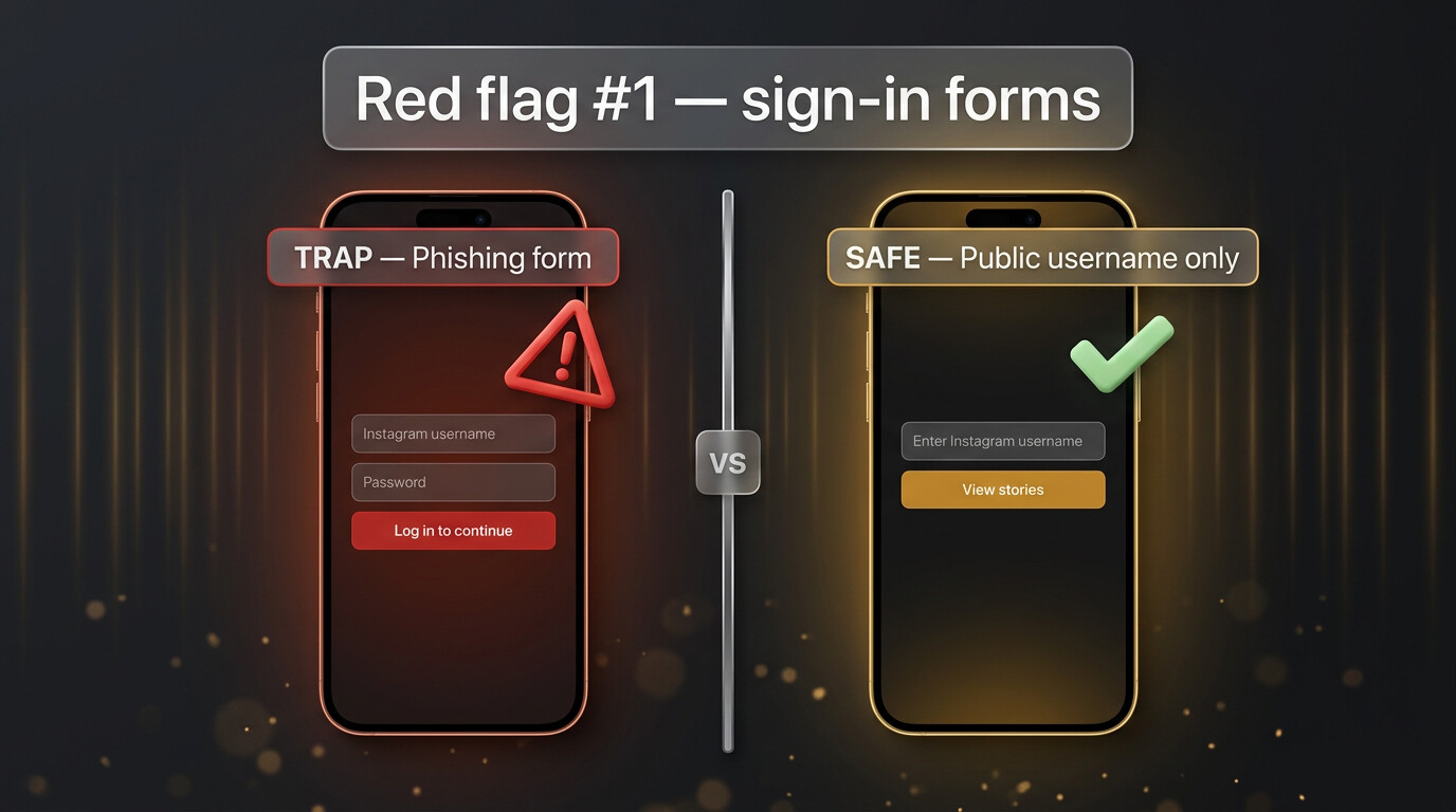 A suspicious downloader site demanding an Instagram username and password with a red warning badge
