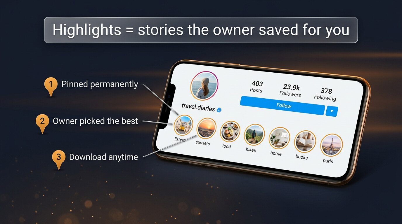 Instagram profile highlights row of saved stories