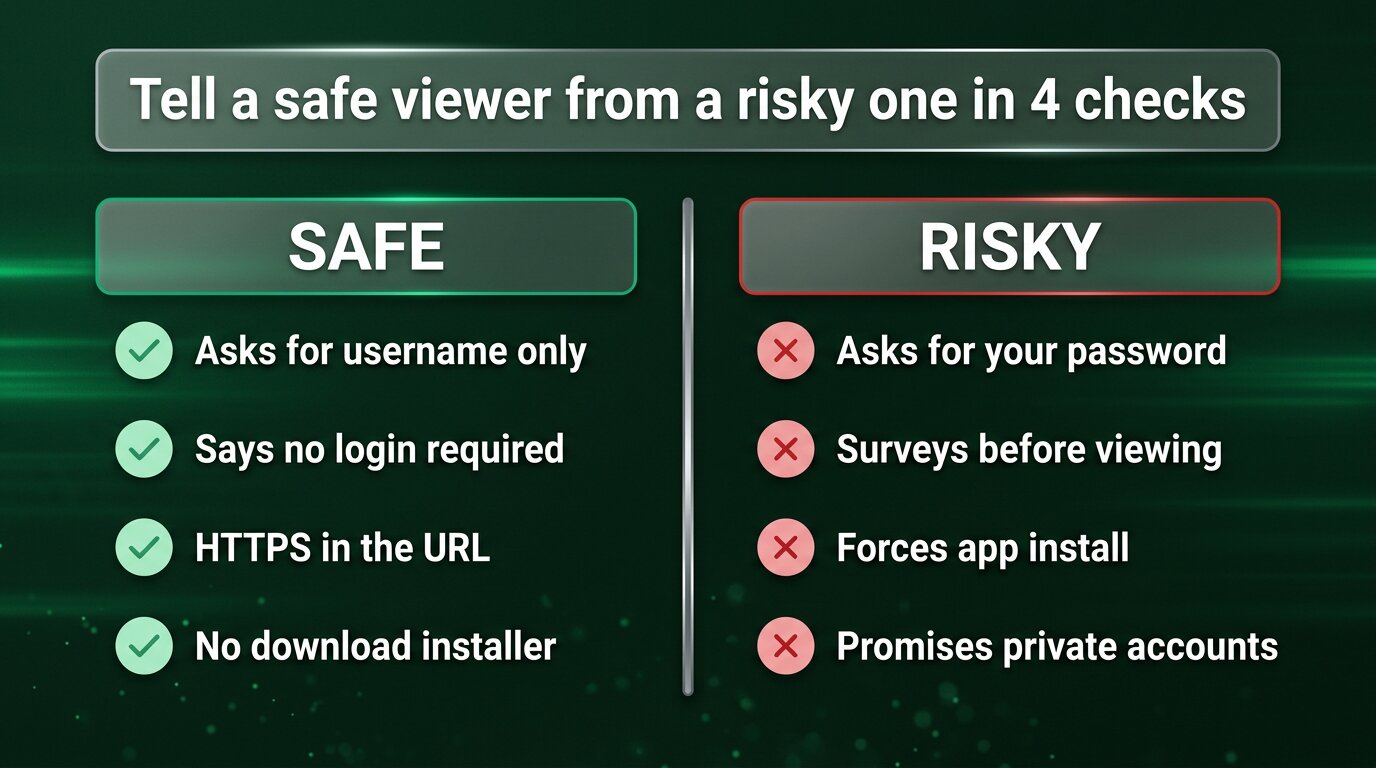 Safe vs risky checklist for choosing a no-login story viewer