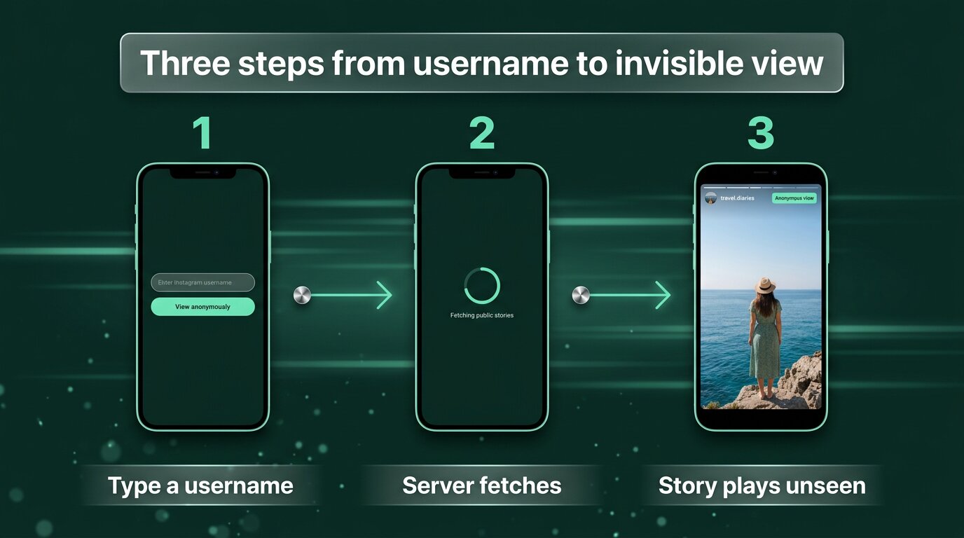 Three-step anonymous viewing flow from username to invisible view