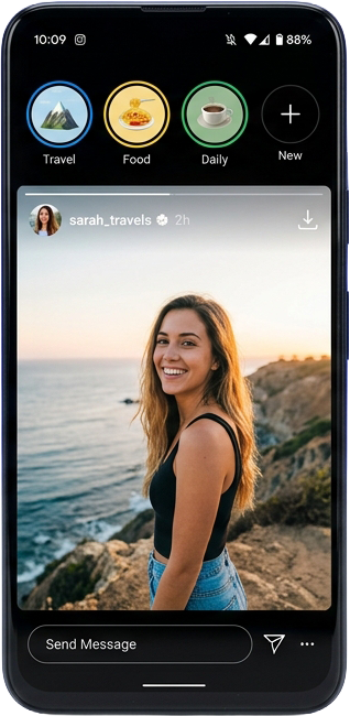 Instagram highlights viewer with gradient story-highlight rings